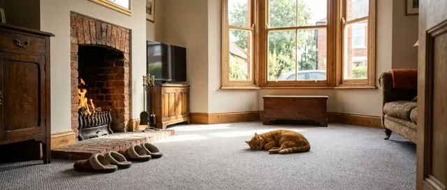 Cosy living room with carpet, fireplace and a sleeping cat