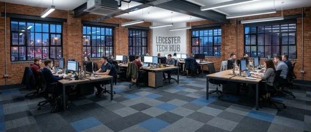 Modern Leicester tech hub office with blue carpet tiles